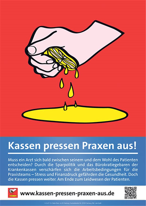 Verweigern die Kassen das Gespräch? Protestplakate der KV: Ärzte können sie für ihre Paxen runterladen: www.kassen-pressen-praxen-aus.de.