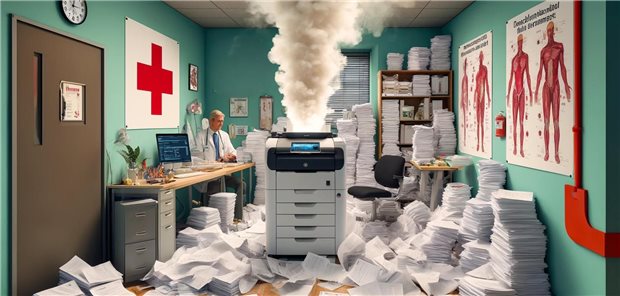 Rauchentwicklung im Gesundheitswesen: So stellt sich die bildgenerative KI DALL-E von Chat-GPT eine Arztpraxis in Deutschland vor, wenn sie die ePA für alle ausdrucken muss.