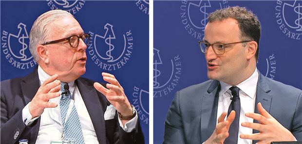 Digitalisierung: Ärzte fordern Taktbremse Rededuell im leeren Saal: BÄK-Präsident Dr. Klaus Reinhardt und Bundesgesundheitsminister Jens Spahn (CDU) bei der
Diskussionsrunde anlässlich der Eröffnung des 124. Deutschen Ärztetages.