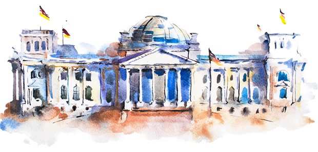 Der Reichstag in Berlin als Aquarell.