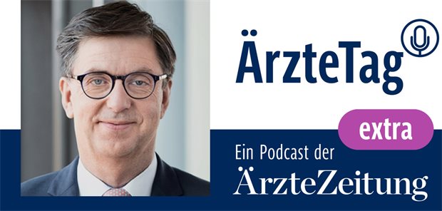 Logo vom ÄrzteTag extra der Ärzte Zeitung mit dem Porträt des Podcast-Gesprächspartners Reinhard Pfingsten von der apoBank