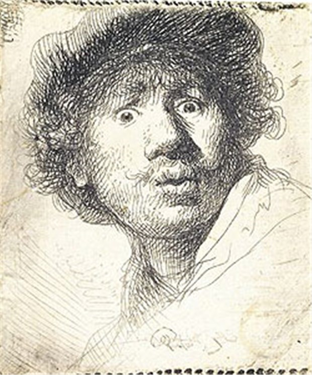 Drei Giganten der grafischen Künste Rembrandt, Selbstbildnis mit aufgerissenen Augen. Radierung, 1630. Städel, Frankfurt.