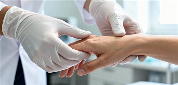 Ein Rheumatologe untersucht die Hand einer Patientin.