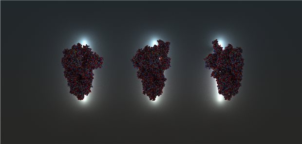 Corona-Variante Omikron verursacht wohl starke Müdigkeit Die Illustration zeigt die Spikes von SARS-CoV-2. Links die britische, in der Mitte die brasilianisch und rechts die südafrikanische Variante. In diesem Bild sind die Atome der Spikes zu erkennen ?über 20.000. Auf der Hülle des Virus befinden sich typischer Weise 40 solcher Spikes. Keine der hier gezeigten Farben trifft die Realität, denn die Virenstruktur ist nur aus Schwarzweiß-Aufnahmen mit dem Elektronenmikroskop nachzuempfinden. Grafik erstellt von Maximilian Schönherr am 19. April 2021