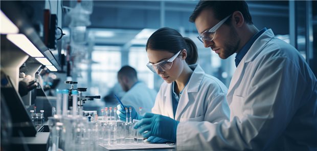 Frau und Mann, Wissenschaftler, arbeiten an Tisch mit Reagenzgläsern