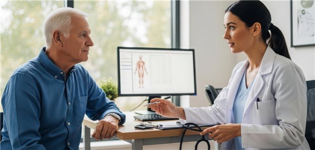 Ein alter Patient sitzt einer jüngeren Ärztin gegenüber.