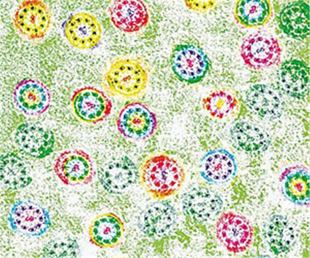 Österliche Spermien-Bilder Schwänze von Mäusespermien im Querschnitt, 40.000-fach vergrößert und frühlingshaft koloriert.