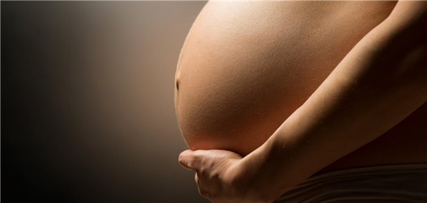 Der Bauch einer schwangeren Frau ist zu sehen.