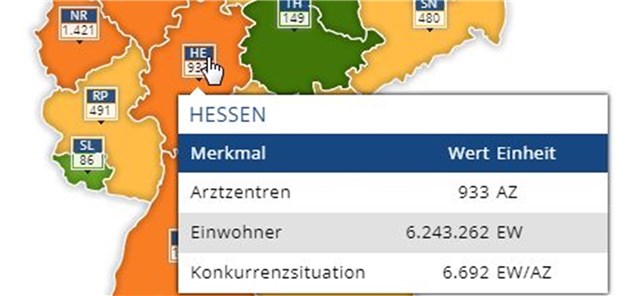 Screenshot von der Karte des Monats: In Städten ist die Arztzentren-Dichte höher als auf dem Land.