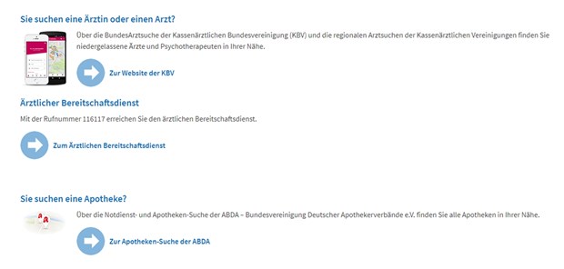 Patienten sollen Ärzte und Apotheker schneller finden Screenshot von kzbv.de: Die Zahnärzte verweisen jetzt auch auf die Arzt- und Bereitschaftsdienstsuche sowie zum Apothekenfinder.
