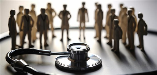 Holzfiguren vor Stethoskop.