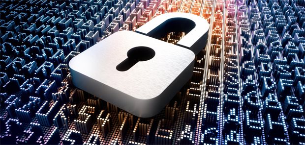 Hauptstadtkongress-Leitung fordert „erhebliche Investitionen“ in die Cybersicherheit von Kliniken un Ein silbernes Schloss liegt auf digitalen Datengerüst.