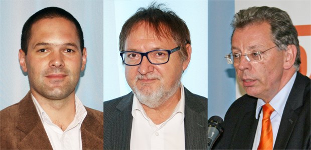 Eine Pauschale, ein Patient Setzen sich für psychisch Erkrankte ein (v.l.): Dr. Urban Hansen, Leiter des Integrationsprojekts beim ZfP, Dr. Dieter Grupp, Geschäftsführer des ZfP Südwürttemberg, und der DAK-Vorstandsvorsitzende Professor Herbert Rebscher.