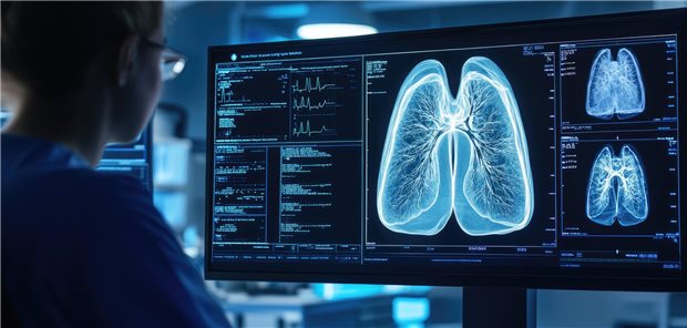 Asthma und COPD: Welche Biologika eignen sich bei welchen Patienten? Eine Ärztin analysiert einen Lungen-CT-Scan.