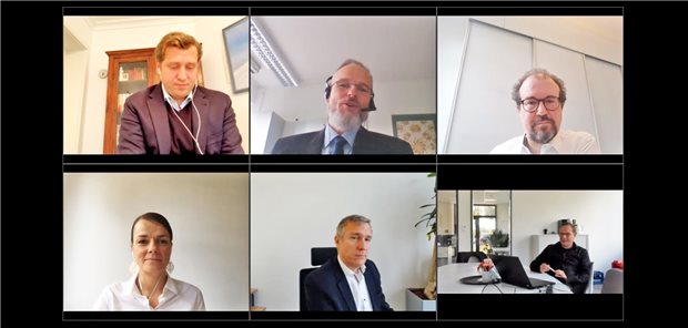 Digitalisierung: Rückenwind durch die Corona-Pandemie nutzen! Sitzung zu Chancen und Herausforderungen der Digitalisierung im Gesundheitswesen: Das virtuelle Podium mit Dr. Gottfried Ludewig, Hauke Gerlof und Dr. Christian Elsner (oben von links) sowie Dr. Katharina Ladewig, Dr. Stefan Schaller und Dr. Raimar Goldschmidt (unten von links).