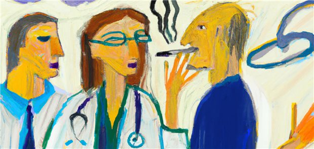 So stellt sich das KI-Bildgenerator DALL-E eine ärztliche Kurzintervention bei einem rauchenden Patienten vor.