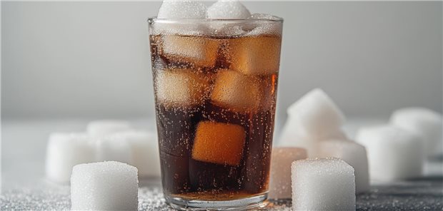 Das Foto zeigt ein Glas mit einem Erfrischungsgetränk und Zuckerstücken.