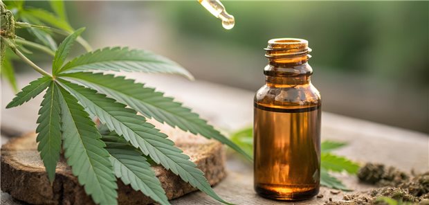 CBD-Fläschchen inklusive Pipette vor Hanfblatt