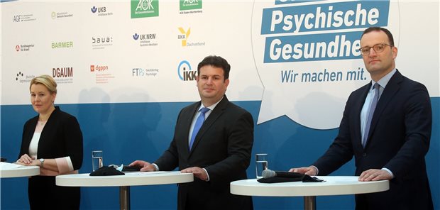 Spahn, Heil und Giffey versus psychische Erkrankungen Starteten am Montag gemeinsam die Offensive Psychische Gesundheit: Bundesfamilienministerin Franziska Giffey (SPD), Bundesarbeitsminister Hubertus Heil (SPD) und Bundesgesundheitsminister Jens Spahn (CDU).