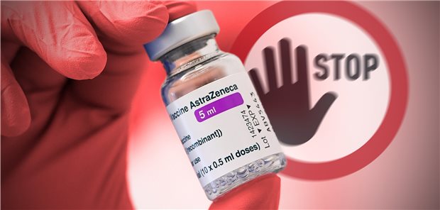 vfa-Chef Steutel: „Exportstopps sind ein süßes Gift“ Corona-Impfstoff von AstraZeneca vor einem Stoppschild