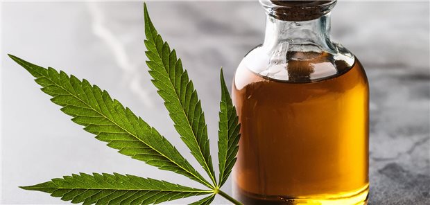 Ein Fläschchen Öl seht neben einem Cannabis-Blatt