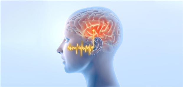 Symbolbild Tinnitus: Grafik eines Kopfes mit Gehirn. 