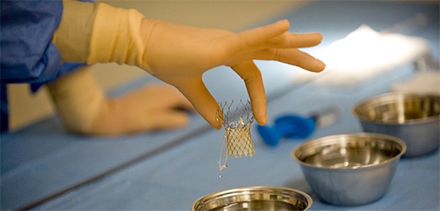 Tavi vor der Op: Bevor die künstliche Herzklappe mit dem Katheter eingesetzt werden kann, muss sie desinfiziert werden.