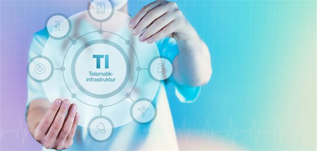 TI-Atlas 2026: Digitale Anwendungen sind in der Versorgung verankert Arzt hält virtuelles Interface mit Text und Icons im Kreis fest.