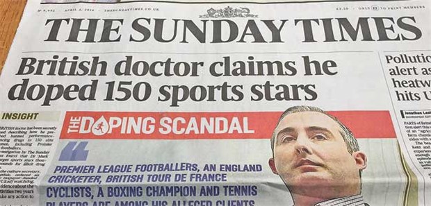 Doping-Skandal ruft Ärztevertreter auf den Plan Titelblatt der Sunday Times: Der Artikel über den Arzt, der Sportlern beim Dopen geholfen haben soll, bestimmt die Schlagzeile.