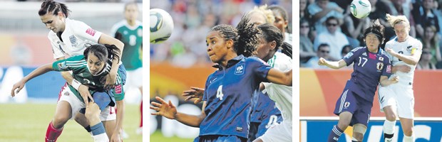 "Theater auf dem Platz gibt‘s nur bei Männern" Tolle WM-Spiele: Mexiko-England, Frankreich-Nigeria, Japan-Neuseeland (v.l.), Deutschland-Kanada (u.): Inka Grings (l.) gegen R. Wilkinson.
