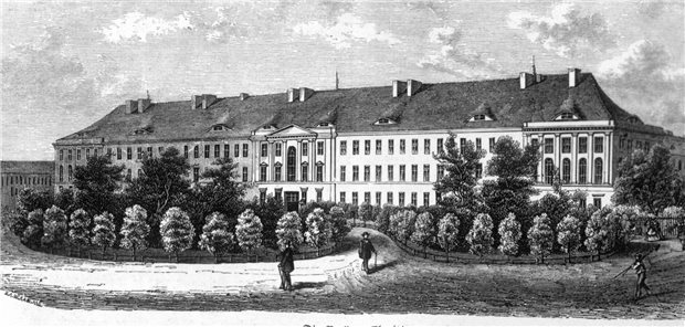 Das Gebäude der Charité in Berlin um 1864.