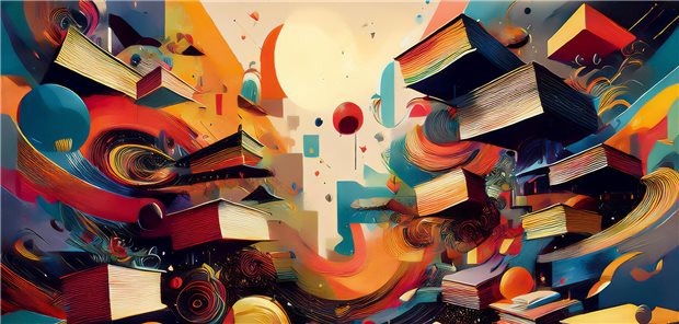 Abstraktes buntes Bild vieler Bücher die umherschwirren.