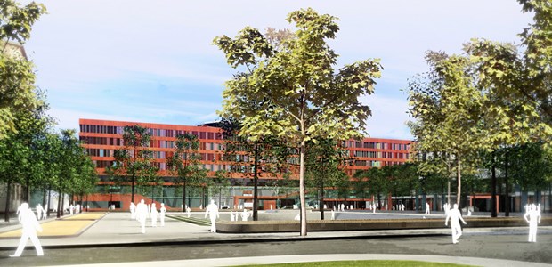 Im Herbst rollt die Abrissbirne an Übergrünte Wasserspiele: So könnte der Blick auf das seit 2010 bestehende neue Haupthaus des Klinikums Offenbach in zwei Jahren aussehen.