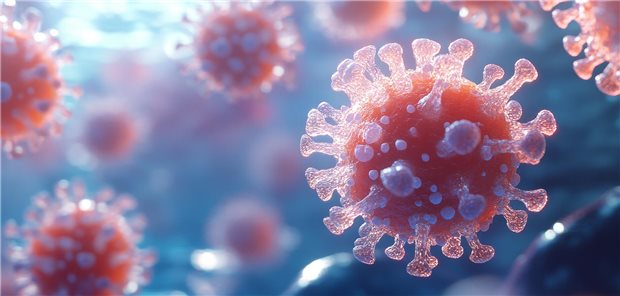 Herpes Simplex Virus (HSV) in medizinischer dreidimensionaler Visualisierung, die die Struktur des Virus zeigt.