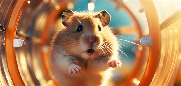 Ein Hamster in einem Hamsterrad.