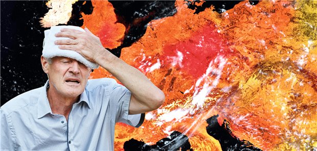 Was der Hitzeschutzplan leisten soll Ein schwitzender Mann vor einer Hitzekarte Europas.