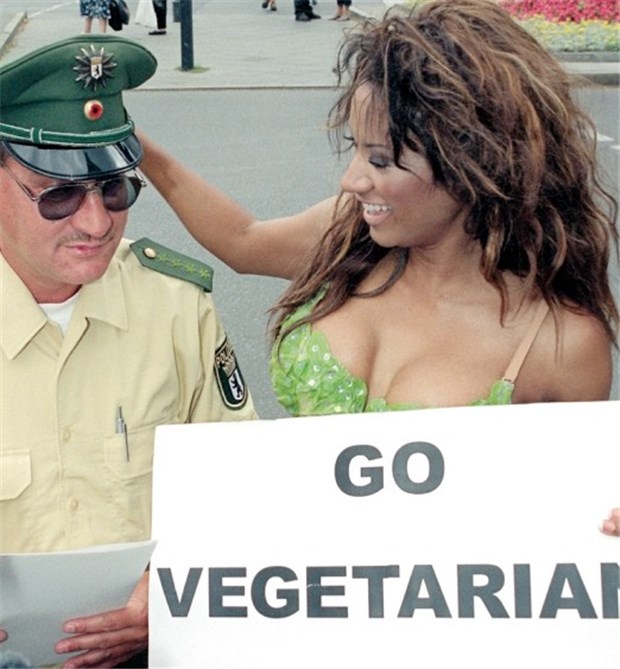 Gemüseschnitzel schmecken immer mehr Deutschen Vegetarierkampagne mit Polizeischutz: Die ehemalige Baywatch-Darstellerin Traci Bingham mit dem Plakat einer Vegetarier-Kampagne in Berlin.