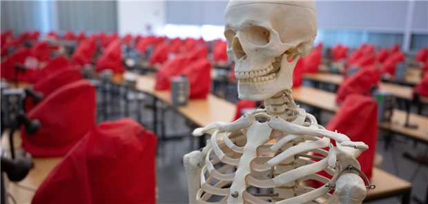 Ein Skelett steht in einem Hörsaal.