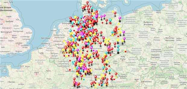 Vom Arbeitgeberverband Pflege erstellte interaktive Karte zu Anbieterausfällen: (rote Markierung für stationäre Pflegeeinrichtungen, gelbe für ambulante Dienste, violett für Tages- und Kurzzeitpflege, blau für Senioren-WG und betreutes Wohnen).