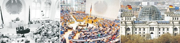 Das Ende der Bonner Republik wird eingeläutet Vom Wasserwerk als Notunterkunft über den Bonner Glaspalast ins Berliner Reichstagsgebäude: Stationen des Deutschen Bundestages in den 1990er Jahren.