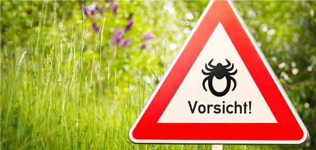 Schild mit der Aufschrift &quot;Zecken: Vorsicht!&quot;