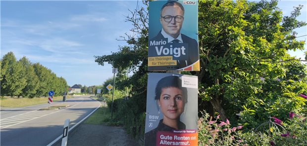 Wahlplakat in Thüringen mit den theoretisch möglichen Partnern von CDU und BSW.
