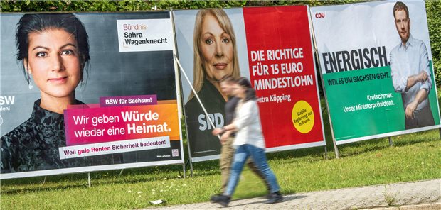 Wahlplakate von Sahra Wagenknecht, BSW, Petra Köpping, SPD, und von Ministerpräsident Michael Kretschmer, CDU, in Zwickau auf einer grünen Wiese.