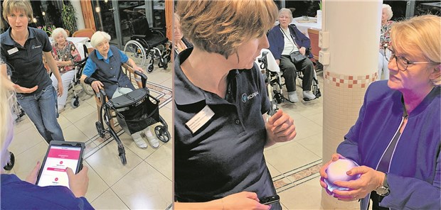 Wie Software im Heim den Alltag erleichtert Was Technik in der Pflege bereits kann: Die Mobilitätsanalyse per App (links) spart Zeit und motiviert die Bewohner, sagt Ergotherapeutin Daniela Thimm. Im Gespräch mit der Bundestagsabgeordneten Kordula Schulz-Asche (re.) erkärt sie, wie der Spielball „Ichó“ funktioniert.