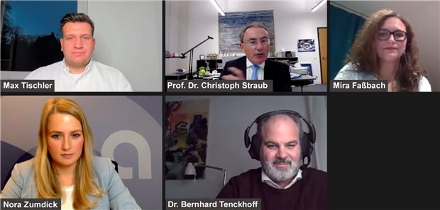 In kleinen Schritten zur E-Akte Screenshot vom SpiFaWebinar: Was erwarten junge Ärzte von der ePA? Darüber diskutierten die beiden Sprecher des Bündnis Junge Ärzte, Max Tischler (l. oben) und Mira Faßbach (r. oben) mit Barmer-Chef Prof. Christoph Straub (oben Mitte), Nora Zumdick von der apoBank und Dr. Bernhard Tenckhoff von der KBV.