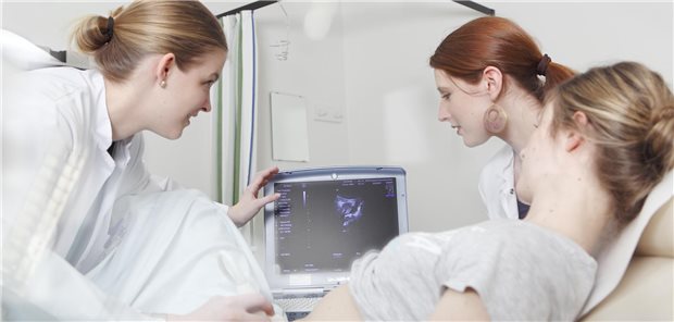 Angehende Ärzte vor dem Ultraschall einer Schwangeren.