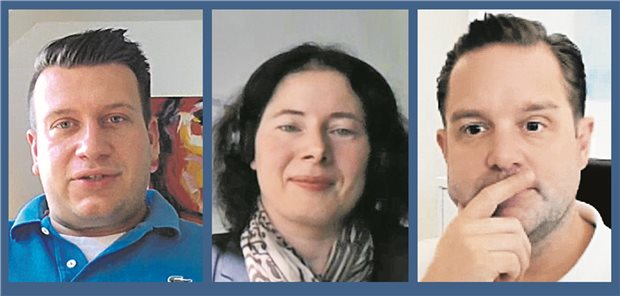 Welche Anreize brauchen Praxen und Kliniken, damit sie digitaler arbeiten? Max Tischler (links), Sprecher des Bündnis Junge Ärzte, und Hausarzt Stefan Spieren (rechts) im Videogespräch mit Ärzte-Zeitungs-Redakteurin Rebekka Höhl (Mitte).