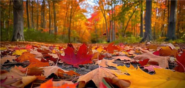 Herbstlaub liegt am Boden, im Hintergrund ist ein Wald zu sehen.