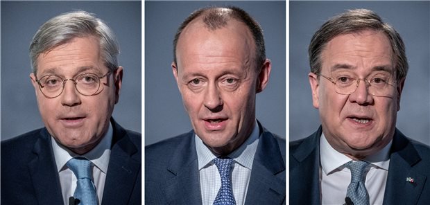 Röttgen, Merz oder Laschet? Weichenstellungen beim digitalen CDU-Parteitag Wer macht das Rennen im Kampf um den CDU-Vorsitz? Norbert Röttgen, Friedrich Merz oder Armin Laschet, der gemeinsam mit Jens Spahn antritt. (v.l.n.r.)