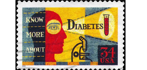 100 Jahre Insulin – eine Arznei zum Überleben Werbung für mehr Aufmerksamkeit für Diabetes: Briefmarke aus dem
Jahr 2001 in den USA.